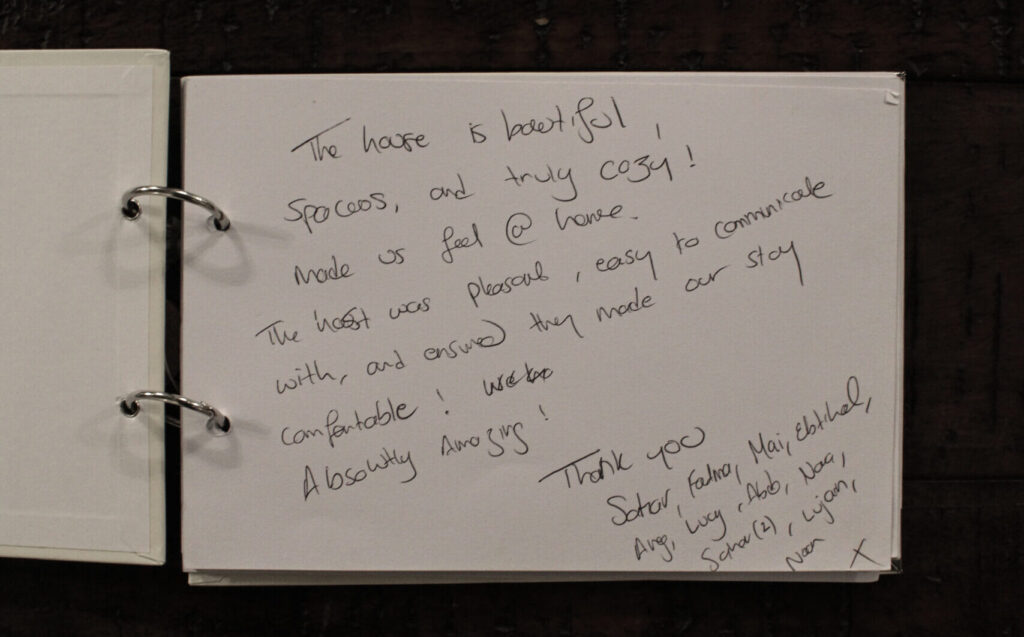 Guest book at Habberjam Farm featuring personal handwritten notes
