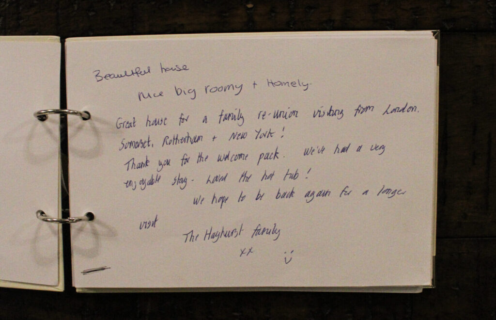 Handwritten guest experience shared in the Habberjam Farm guest book