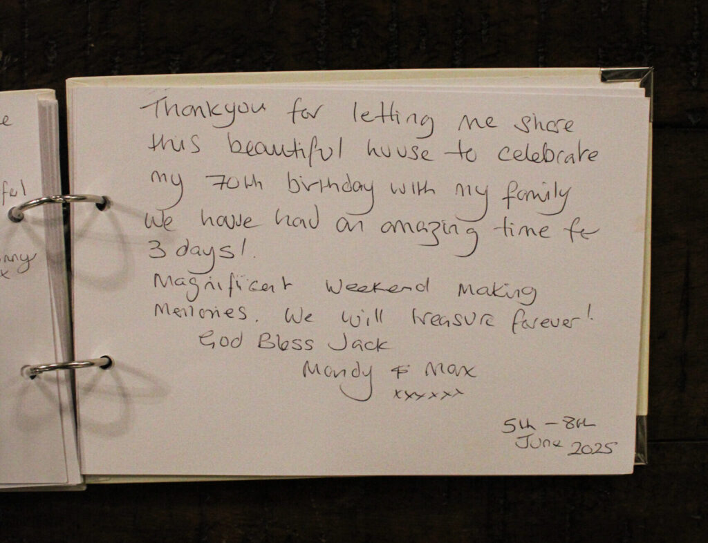 Handwritten guest book entry from visitors staying at Habberjam Farm